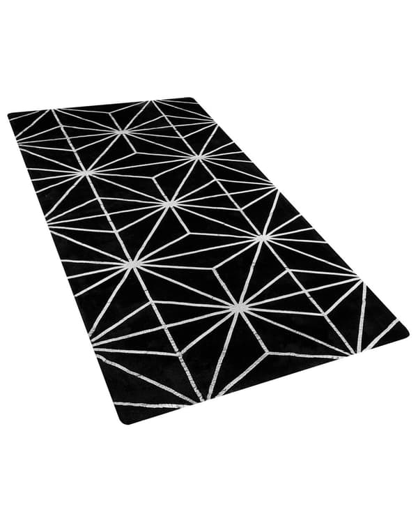 Sort tæppe med sølv geometrisk mønster viskose med bomuld 80 x 150 cm tæppe til soveværelse stue moderne glamour stil