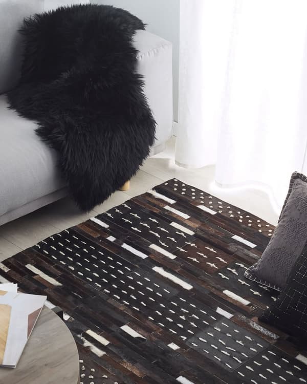 Gulvtæppe Brun Beige Mørk Læder Uld Polyester 140 x 200 cm Rektangulær Patchwork Koskind Mønster Soveværelse Stue Entré Boho Retro Indretning
