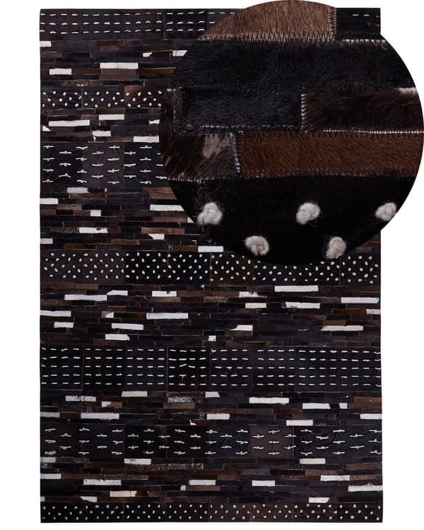 Gulvtæppe Brun Beige Mørk Læder Uld Polyester 140 x 200 cm Rektangulær Patchwork Koskind Mønster Soveværelse Stue Entré Boho Retro Indretning