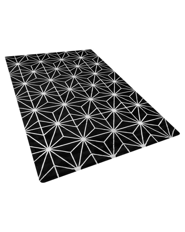 Sort tæppe med sølv geometrisk mønster viskose med bomuld 140 x 200 cm tæppe til soveværelse stue moderne glamour stil