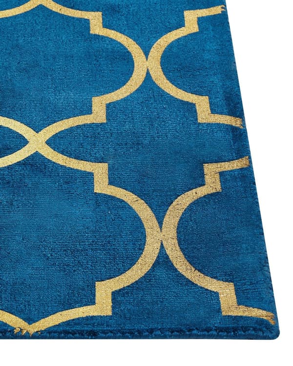Gulvtæppe Blå Guld Viskose 160 x 230 cm Fladvævet Løs Gulvtæppe med til Børneværelse Espalier Firkløver Mønster Tæppe under Sofabord Tilbehør