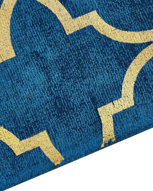 Gulvtæppe Blå Guld Viskose 160 x 230 cm Fladvævet Løs Gulvtæppe med til Børneværelse Espalier Firkløver Mønster Tæppe under Sofabord Tilbehør