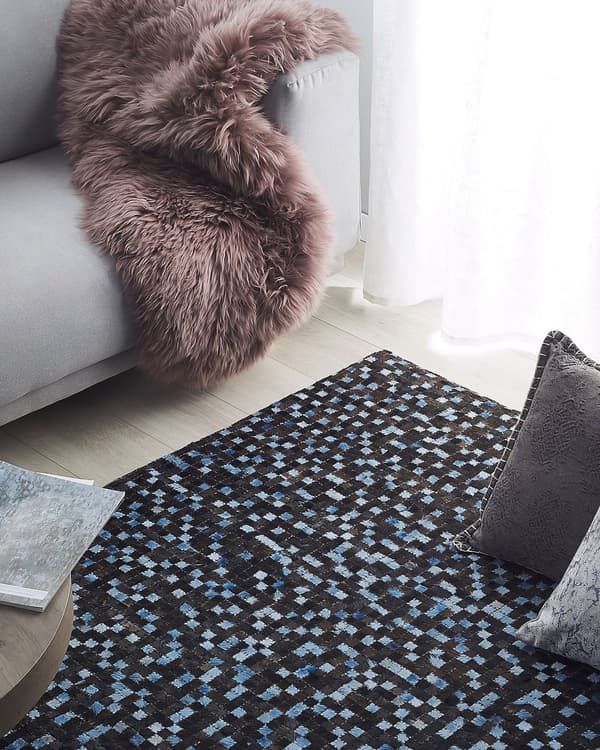 Rektangulært Tæppe Brunt og Blåt Læder Patchwork Mønster 140 x 200 cm Boho Rustik stil til Stuen