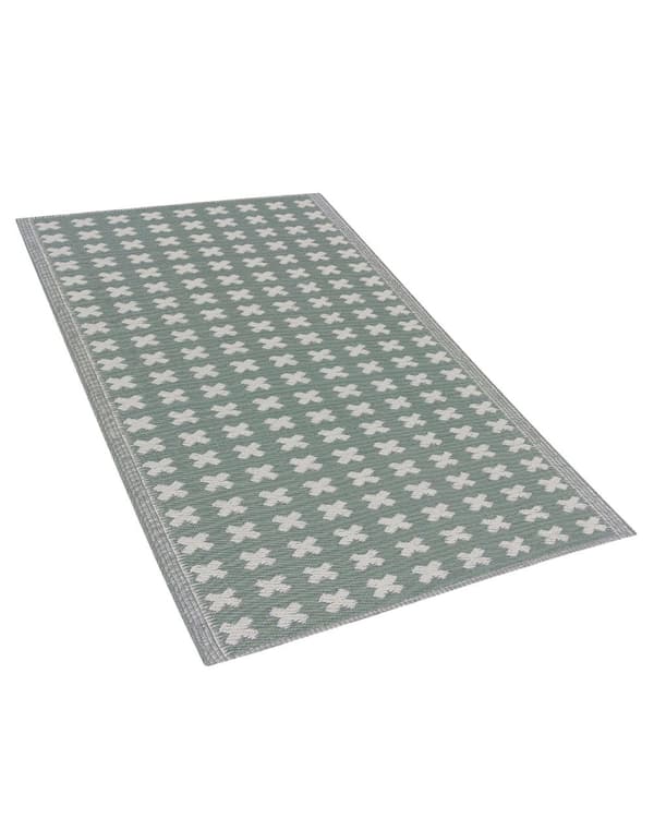 Gulvtæppe Grøn Hvid Polypropylen 90 x 180 cm Udendørs Løs Tæppe til Altan Terrasse Plasttæppe Kryds Mønster Design Indendørs Moderne stil