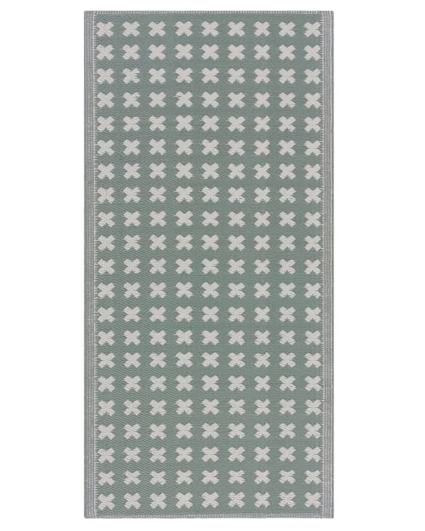 Gulvtæppe Grøn Hvid Polypropylen 90 x 180 cm Udendørs Løs Tæppe til Altan Terrasse Plasttæppe Kryds Mønster Design Indendørs Moderne stil