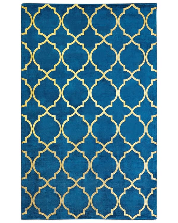 Gulvtæppe Blå Guld Viskose 140 x 200 cm Fladvævet Løs Gulvtæppe med til Børneværelse Espalier Firkløver Mønster Tæppe under Sofabord Tilbehør