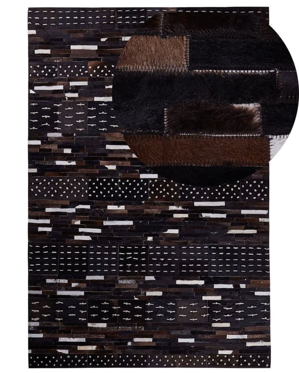 Gulvtæppe Brun Beige Læder Uld Polyester 160 x 230 cm Rektangulær Patchwork Koskind Mønster Soveværelse Stue Entré Boho Retro Indretning