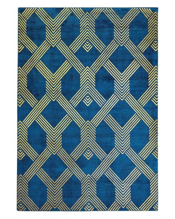 Gulvtæppe Blå Guld Viskose 140 x 200 cm Fladvævet Løs Gulvtæppe med til Børneværelse Diamantmønster Tæppe under Sofabord Tilbehør