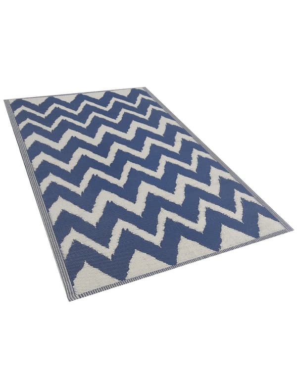 Udendørs tæppe marineblå med hvidt syntetisk materiale tilbehør til altanen rektangulær måtte 120 x 180 cm zigzag