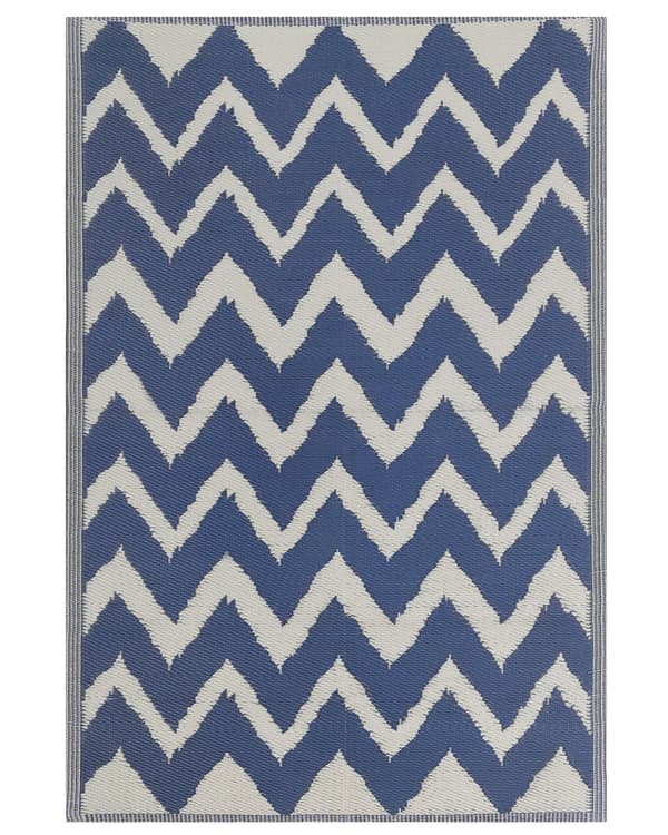 Udendørs tæppe marineblå med hvidt syntetisk materiale tilbehør til altanen rektangulær måtte 120 x 180 cm zigzag