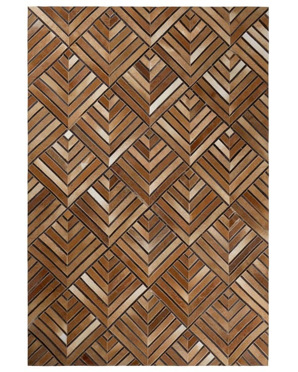 Matto ruskea lehmännahka 140 x 200 cm käsintehty geometrinen tilkkukuvio retro tyyli