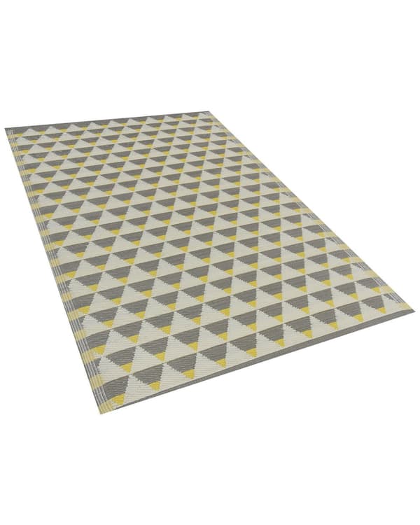 Rektangulär Utomhusmatta 120 x 180 cm i Grå och Gul Färg av Syntetiskt Material med Triangelmönster Balkongtillbehör