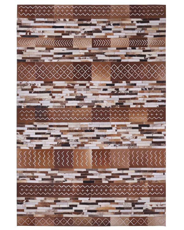 Koskinnsmatta Brun Hår på Läder Patchwork Randig Skandinaviska Mönster 160 x 230 cm