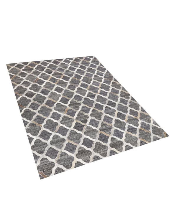 Matta Grå och Beige Koskinn Läder Geometrisk Quatrefoil Mönster Retro 140 x 200 cm