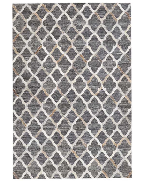 Matta Grå och Beige Koskinn Läder Geometrisk Quatrefoil Mönster Retro 140 x 200 cm