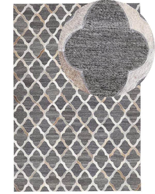 Matta Grå och Beige Koskinn Läder Geometrisk Quatrefoil Mönster Retro 140 x 200 cm