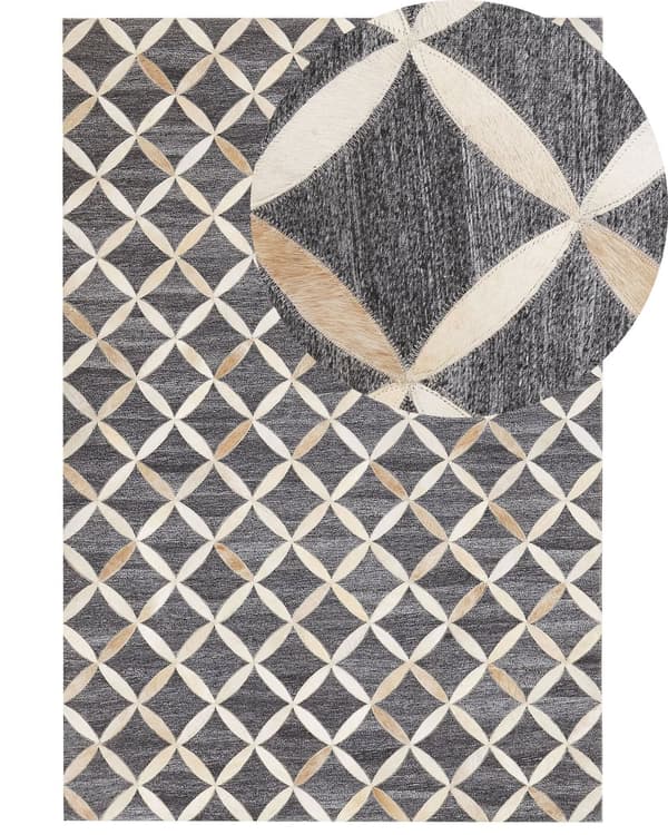 Matta Grå och Beige Koskinn Läder Geometriskt Mönster Retro 140 x 200 cm