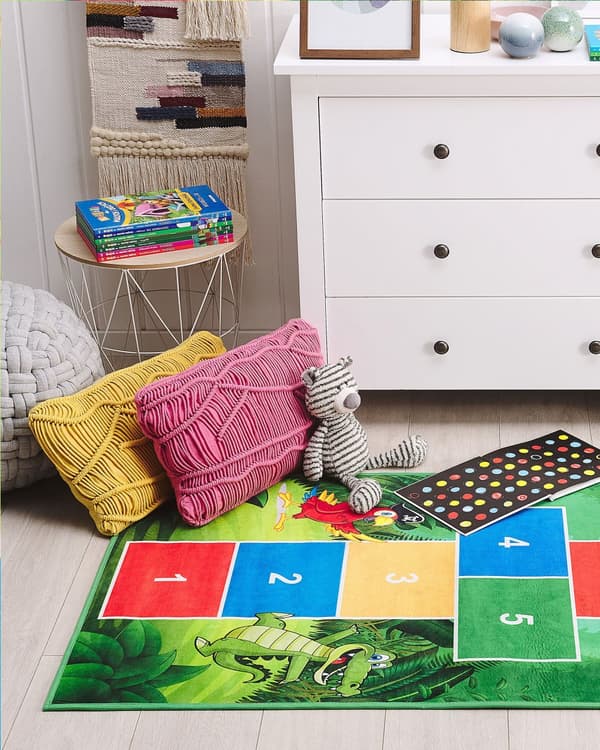 Børnetæppe Grøn Flerfarvet Polyester 80 x 150 cm til Børneværelset Skridsikker Dreng og Pige Indretning Leg Spil Sjov Design