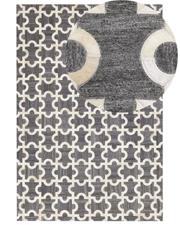 Grå og beige jacquard tæppe okselæder geometrisk mønster puslespil 160 x 230 cm retro