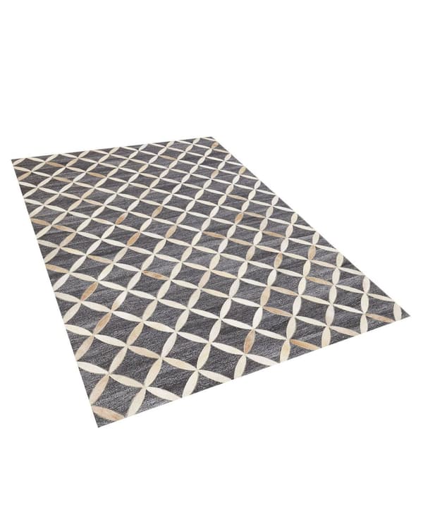 Gulvtæppe Grå Beige Læder 140 x 200 cm Dekorativ Mønstret Patchwork Jacquard Tæppe Koskind Mønstret Marokkansk Ternet Moderne Stil Stue Sofa