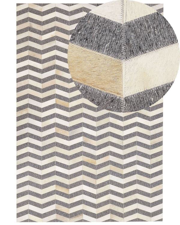 Grå og Beige Jacquard Tæppe Koskind Geometrisk Sildebensmønster 140 x 200 cm Retro