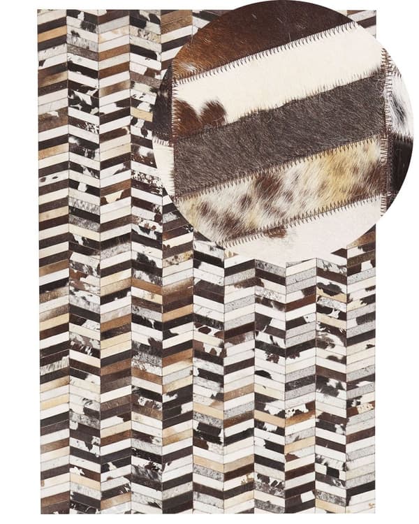 Gulvtæppe Brun Hvid Læde Polyesterfiber 140 x 200 cm Patchwork Chevron Koskind Mønster Soveværelse Stue Entré Boho Retro Indretning Tilbehør
