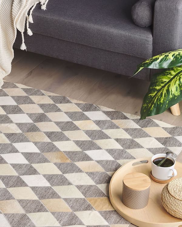 Beige og brunt jacquard tæppe okselæder geometrisk mønster med diamanter 160 x 230 cm retro