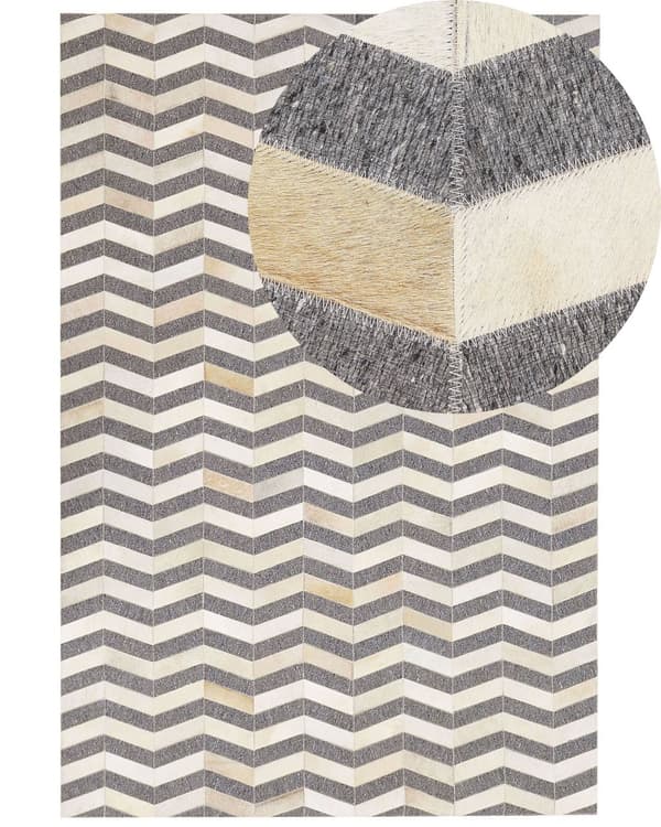 Grå og Beige Jacquard Tæppe Koskind Geometrisk Sildebensmønster 160 x 230 cm Retro