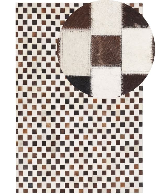 Matto ruskea/beige lehmännahka 160 x 200 cm geometrinen neliö tilkku kuvio