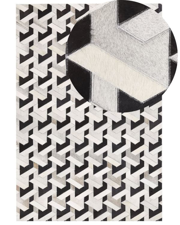 Matto musta/harmaa lehmännahka 160 x 230 cm geometrinen kuvio tilkku moderni tyyli