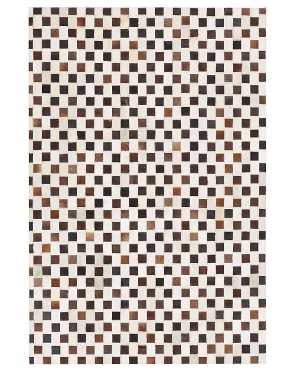 Matto ruskea/beige lehmännahka 140 x 200 cm geometrinen neliö tilkku kuvio