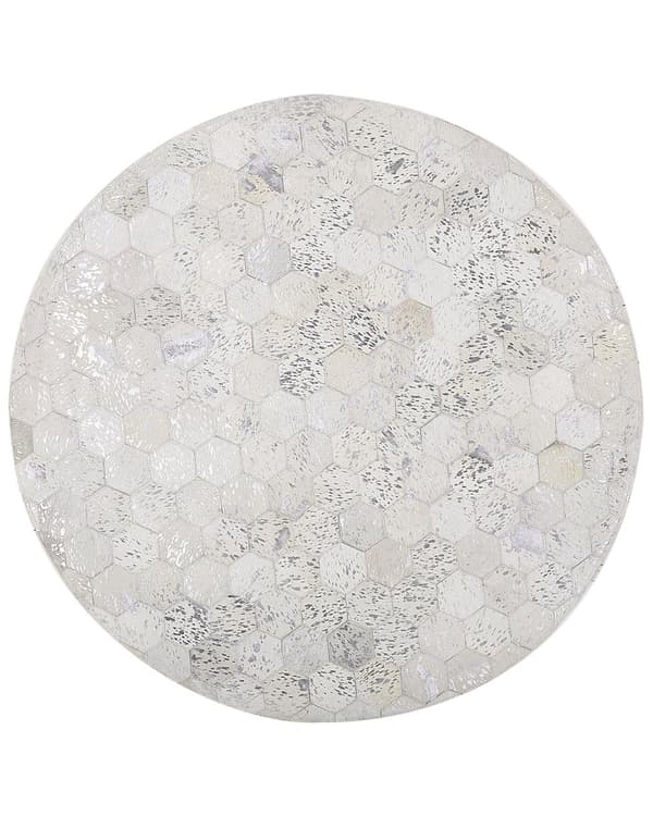 Gulvtæppe Beige Sølv Læder med Filt ø 140 cm Patchwork Håndvævet Rundt Koskind Glamourøst Bikage Mønster Design Stue Soveværelse Indretning