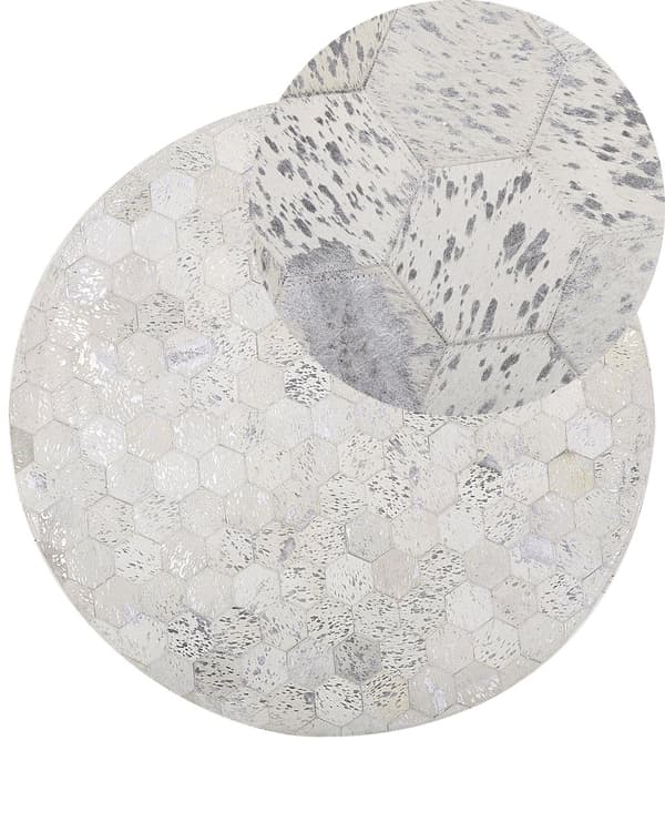 Gulvtæppe Beige Sølv Læder med Filt ø 140 cm Patchwork Håndvævet Rundt Koskind Glamourøst Bikage Mønster Design Stue Soveværelse Indretning