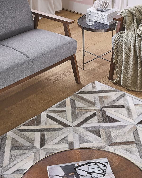 Rektangulært Tæppe Beige og Brunt Læder 140 x 200 cm Patchwork Geometrisk mønster Retro