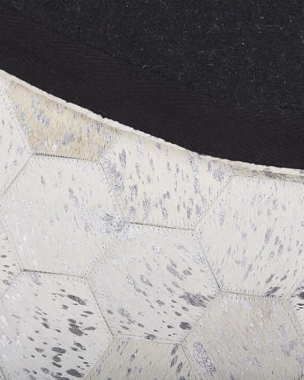 Rund Matta Silver med Beige Koskinn Läder 140 cm Patchwork Hexagon Glamorös