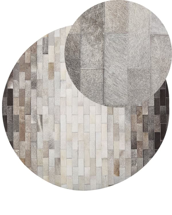 Rund Matta Brun och Beige Koskinn Läder 140 cm Patchwork Rektanglar Rustik