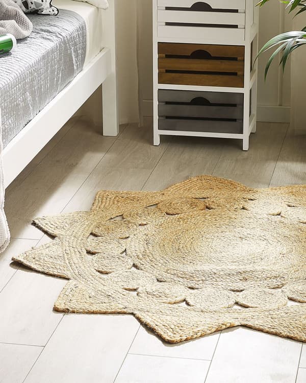 Matto beige juutti 120 cm pyöreä tähden sakarat maalaisromanttinen boho tyyli