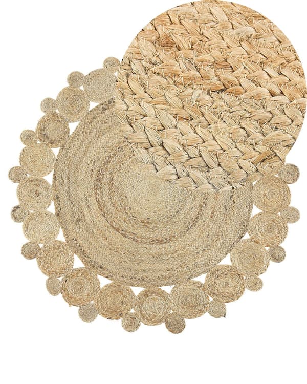 Gulvtæppe Beige Jute Natur ø 120 cm Rundt Løs Fladvævet Jutetæppe Blomst Mønster Rustik Boho til Stuen Soveværelse Udendørs Indendørs Tilbehør