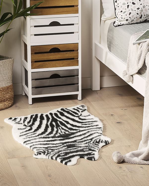 Gulvtæppe Sort Hvid Akryl og Polyester 60 x 90 cm Dyr Zebra Skindtæppe med Striber til Stuen Pelstæppe til Soveværelset Moderne Rustik