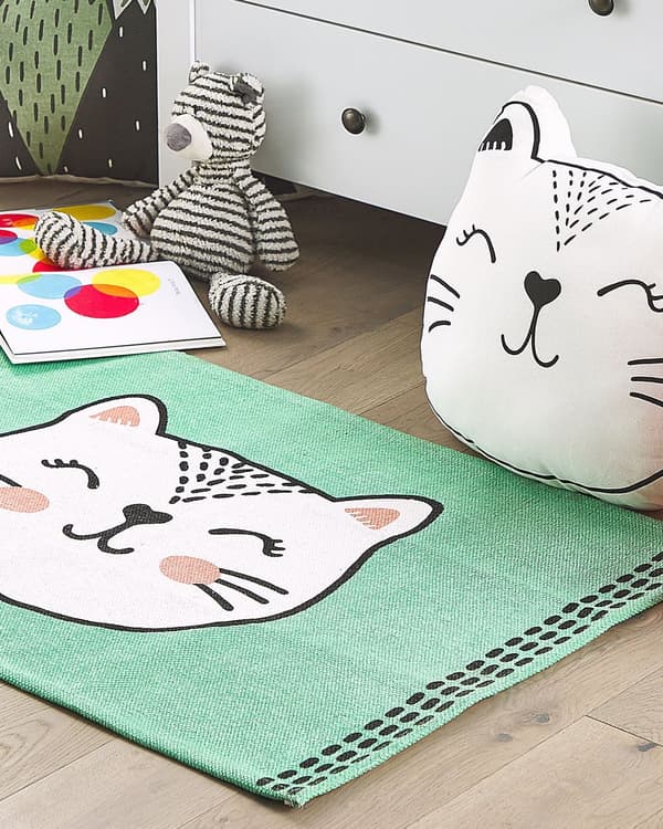 Børnetæppe Grønt Bomuldsstof 60 x 90 cm Dekorativ Lille Fladvævet Gulvtæppe med Kat Mønster til Vuggestue Børneværelse Pigeværelse Indretning
