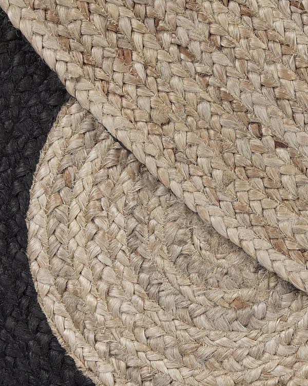 Gulvtæppe Beige Sort Jute ø 140 cm Dekorativ Rundt Håndlavet Løs Jutetæppe til Stuen Soveværelse Tilbehør med Mandala Mønster