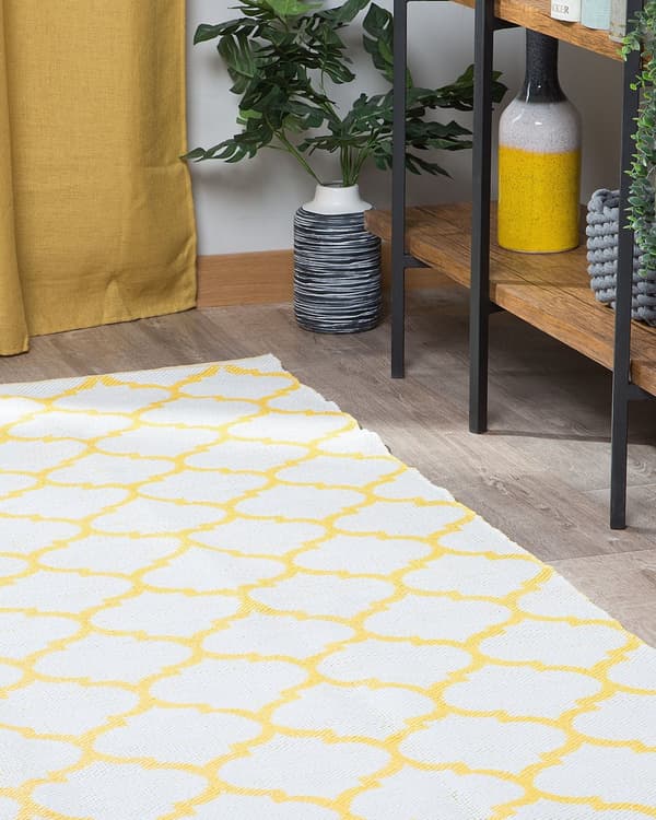 Gulvtæppe Gul og Hvid Polyester 140 x 200 cm Rektangulær Håndvævet Marokkansk Espalier Firkløver Indendørs Udendørs Retro Indretning