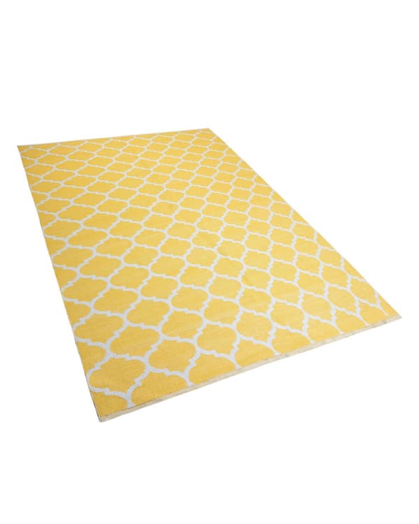 Gulvtæppe Gul og Hvid Polyester 140 x 200 cm Rektangulær Håndvævet Marokkansk Espalier Firkløver Indendørs Udendørs Retro Indretning