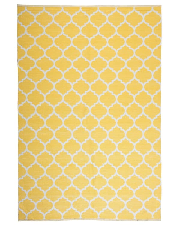 Gulvtæppe Gul og Hvid Polyester 140 x 200 cm Rektangulær Håndvævet Marokkansk Espalier Firkløver Indendørs Udendørs Retro Indretning