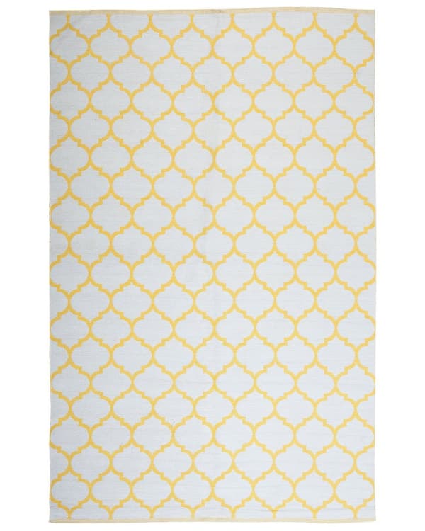 Gulvtæppe Gul og Hvid Polyester 140 x 200 cm Rektangulær Håndvævet Marokkansk Espalier Firkløver Indendørs Udendørs Retro Indretning
