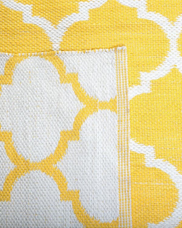 Gulvtæppe Gul og Hvid Polyester 140 x 200 cm Rektangulær Håndvævet Marokkansk Espalier Firkløver Indendørs Udendørs Retro Indretning