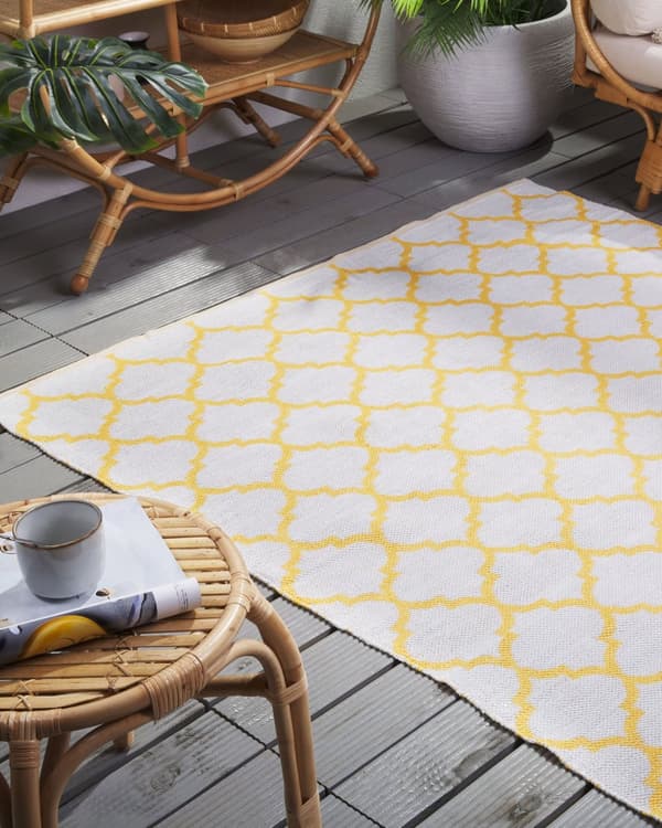 Gulvtæppe Gul og Hvid Polyester 140 x 200 cm Rektangulær Håndvævet Marokkansk Espalier Firkløver Indendørs Udendørs Retro Indretning
