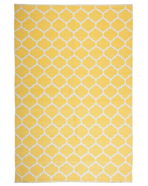 Gulvtæppe Gul og Hvid Polyester 140 x 200 cm Rektangulær Håndvævet Marokkansk Espalier Firkløver Indendørs Udendørs Retro Indretning