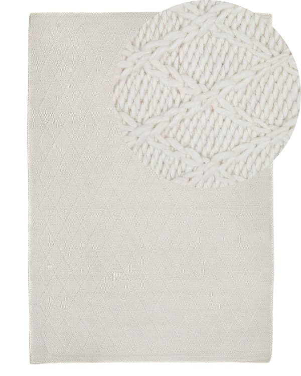 Gulvtæppe Hvid Uld og Bomuld Stof 140 x 200 cm Dekorativ Blød Håndvævet Løs Tæppe i Slidstærkt Rombemønster Flet Boho under Sofabord Spisebord
