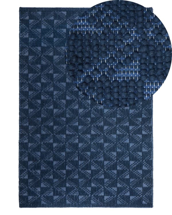 Blåt uldtæppe 140 x 200 cm geometrisk mønster håndvævet fortov moderne stil